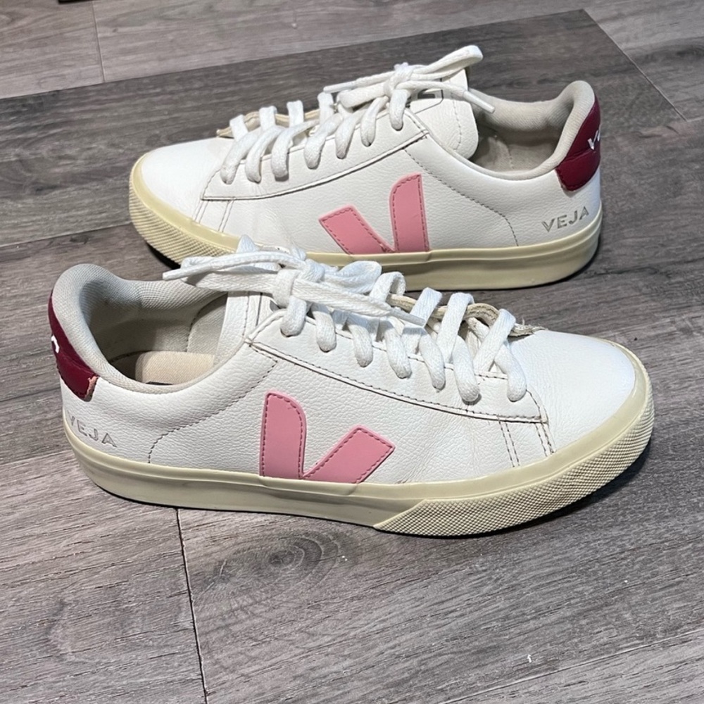 Veja Women’s Campo Sneakers in White with Pink V Logo and Burgundy Heel